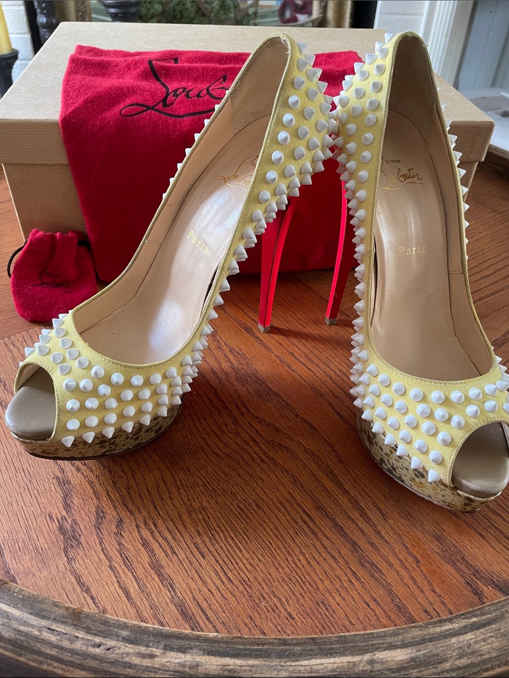 Christian Louboutin Yellow Studded Lady Peep Pumps with Red Heel 150mm
